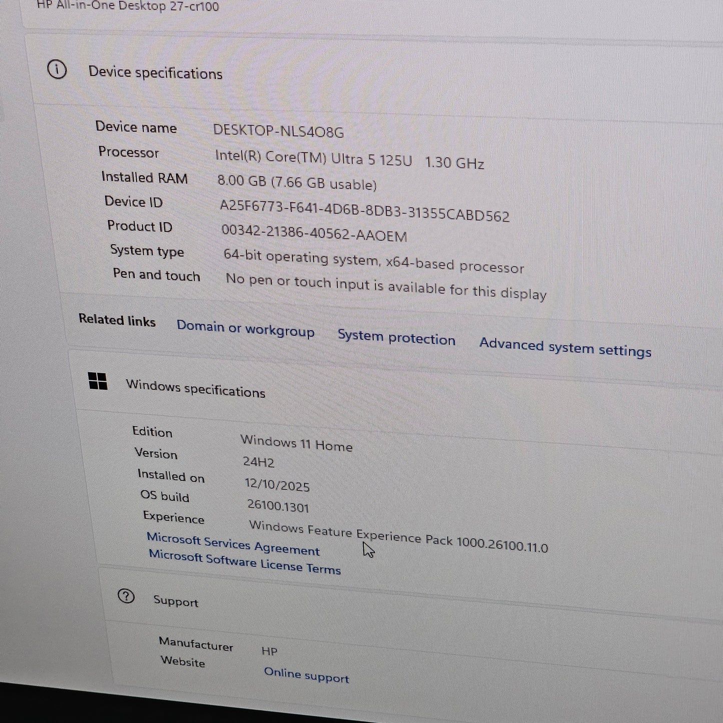 New HP All-in-One 27-cr1000i 27" Core Ultra 5 125U 1.30GHz 8GB RAM 256GB SSD