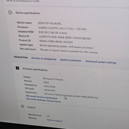 New HP All-in-One 27-cr1000i 27" Core Ultra 5 125U 1.30GHz 8GB RAM 256GB SSD