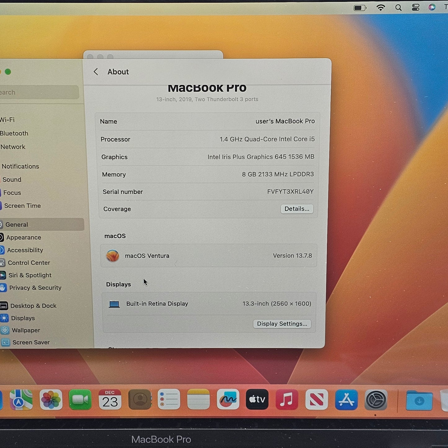 2019 Apple MacBook Pro 13.3" i5 1.4GHz 8GB RAM 128GB SSD Space Gray A2159