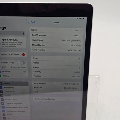 WiFi Only Apple iPad 9th Gen 64GB Silver MK2L3LL/A