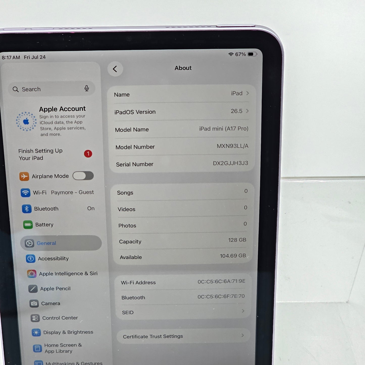 WiFi Only Apple iPad Mini (A17 Pro) 128GB Purple MXN93LL/A