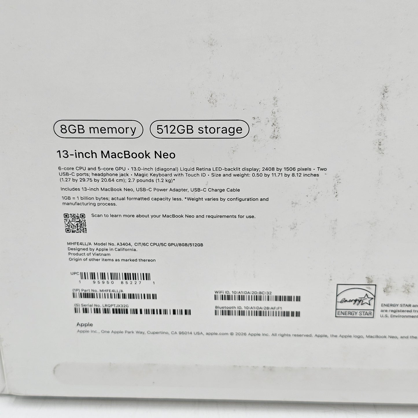 2026 Apple MacBook Neo 13" A18 Pro 5C GPU 4.0GHz 8GB RAM 512GB SSD MHFE4LL/A