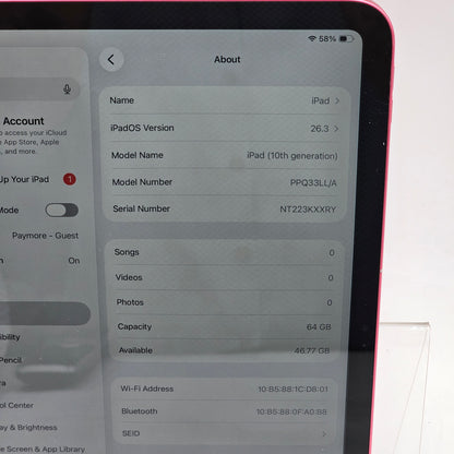 WiFi Only Apple iPad 10th Gen 64GB Pink PPQ33LL/A